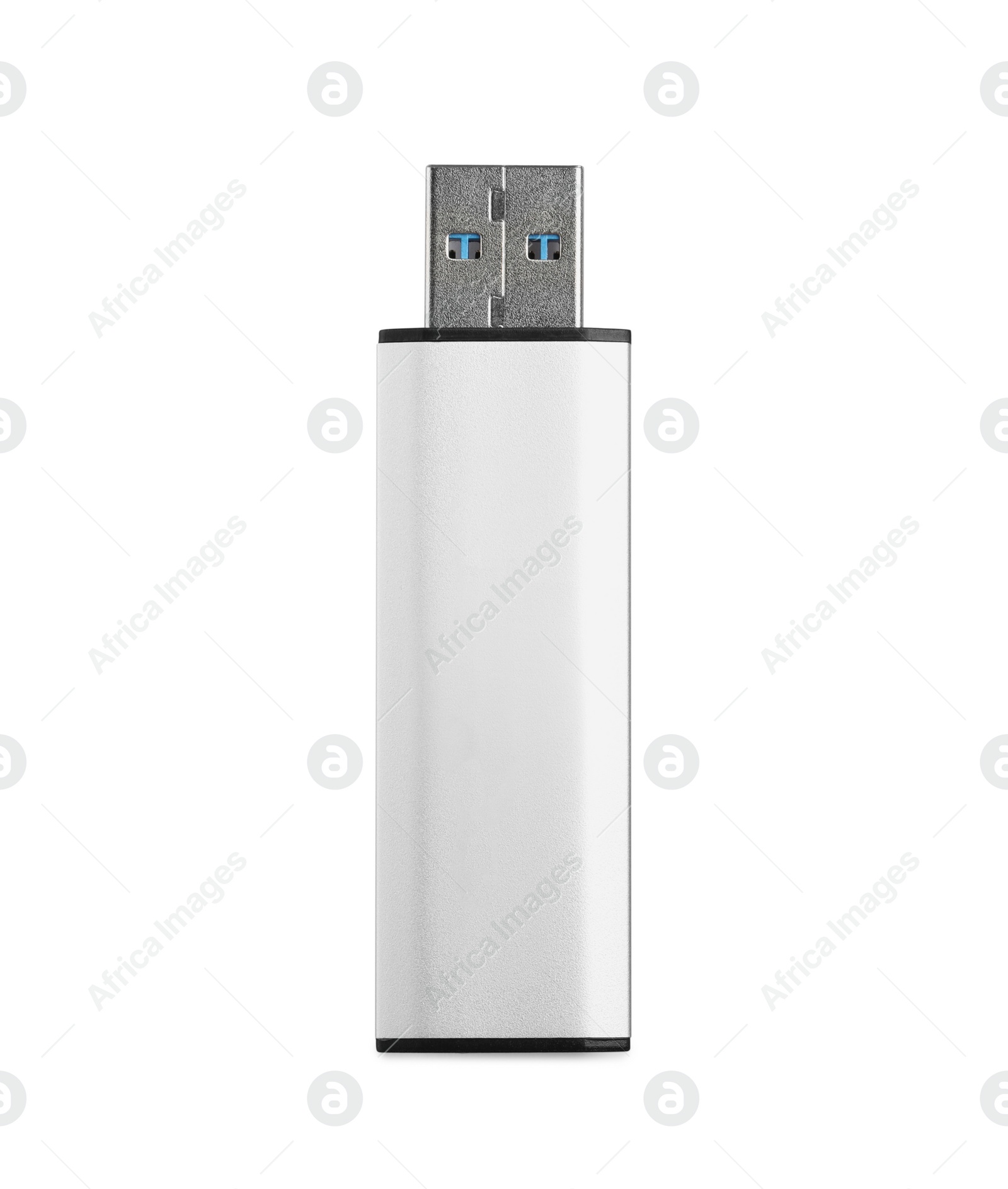 Photo of Modern usb flash drive isolated on white, top view