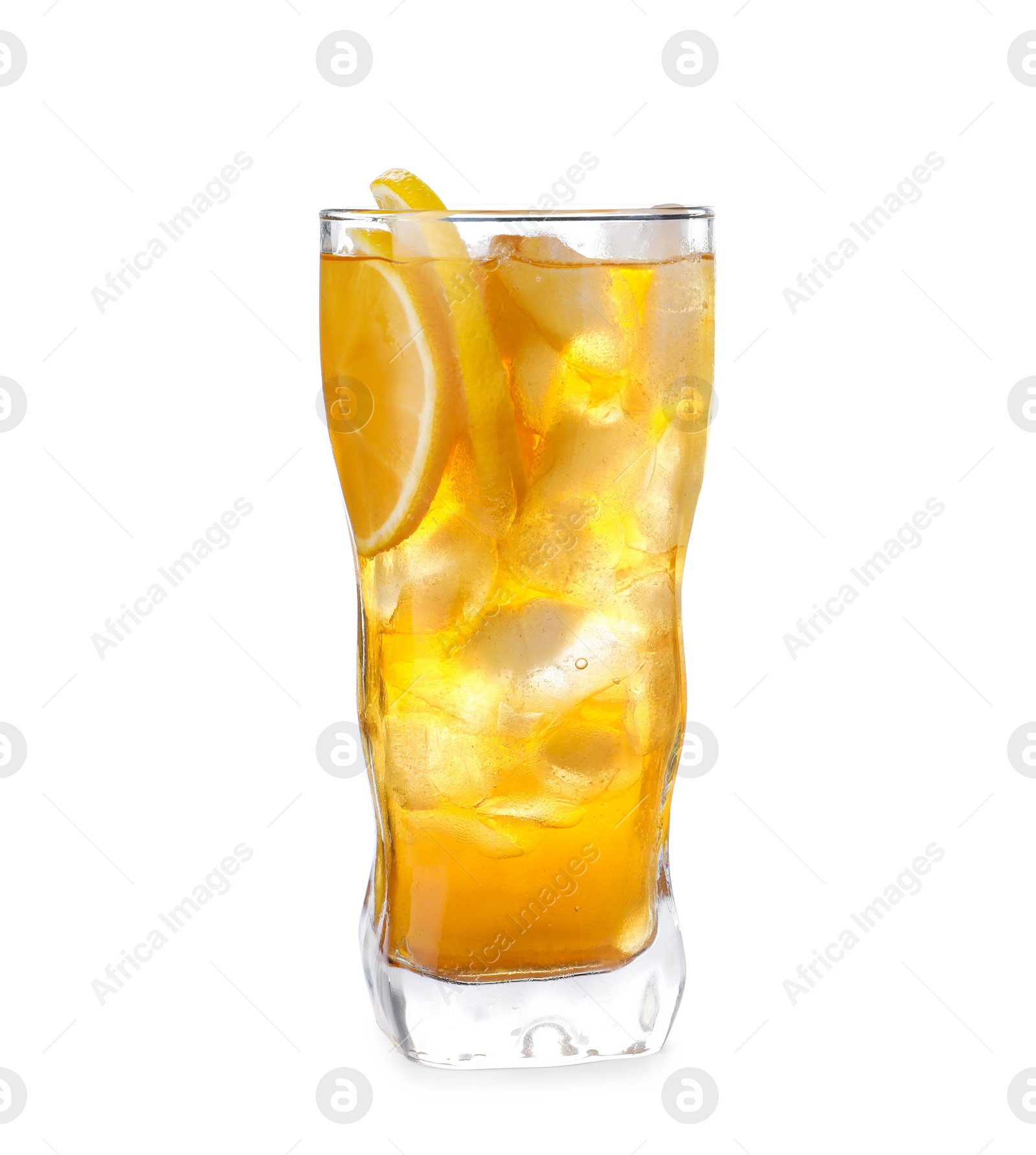 Photo of Delicious iced tea in glass on white background