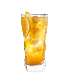 Photo of Delicious iced tea in glass on white background