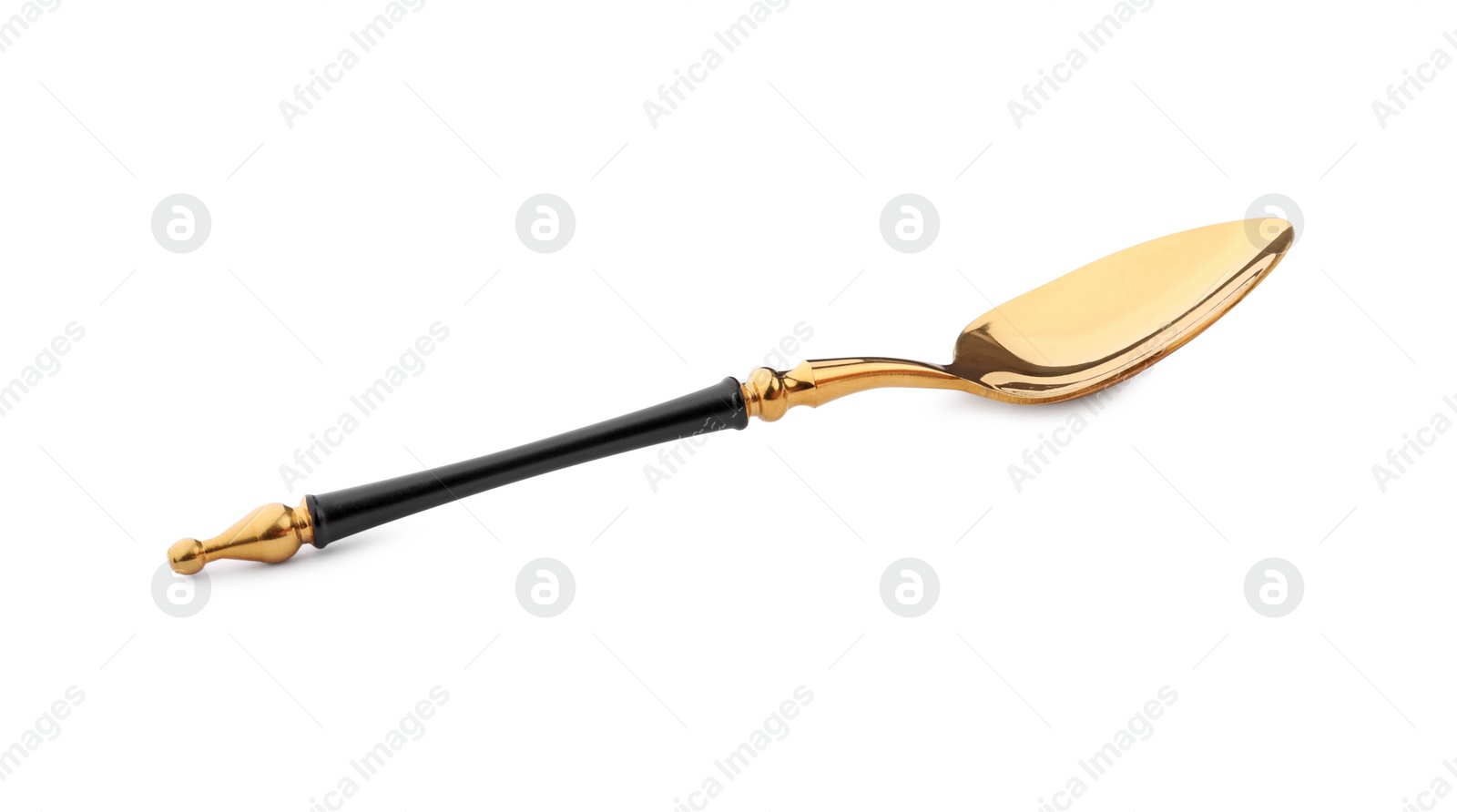 Photo of Elegant shiny golden spoon isolated on white