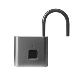 Photo of Steel fingerprint padlock isolated on white. Safety concept