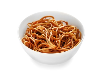 Photo of Bowl of tasty cooked noodles isolated on white