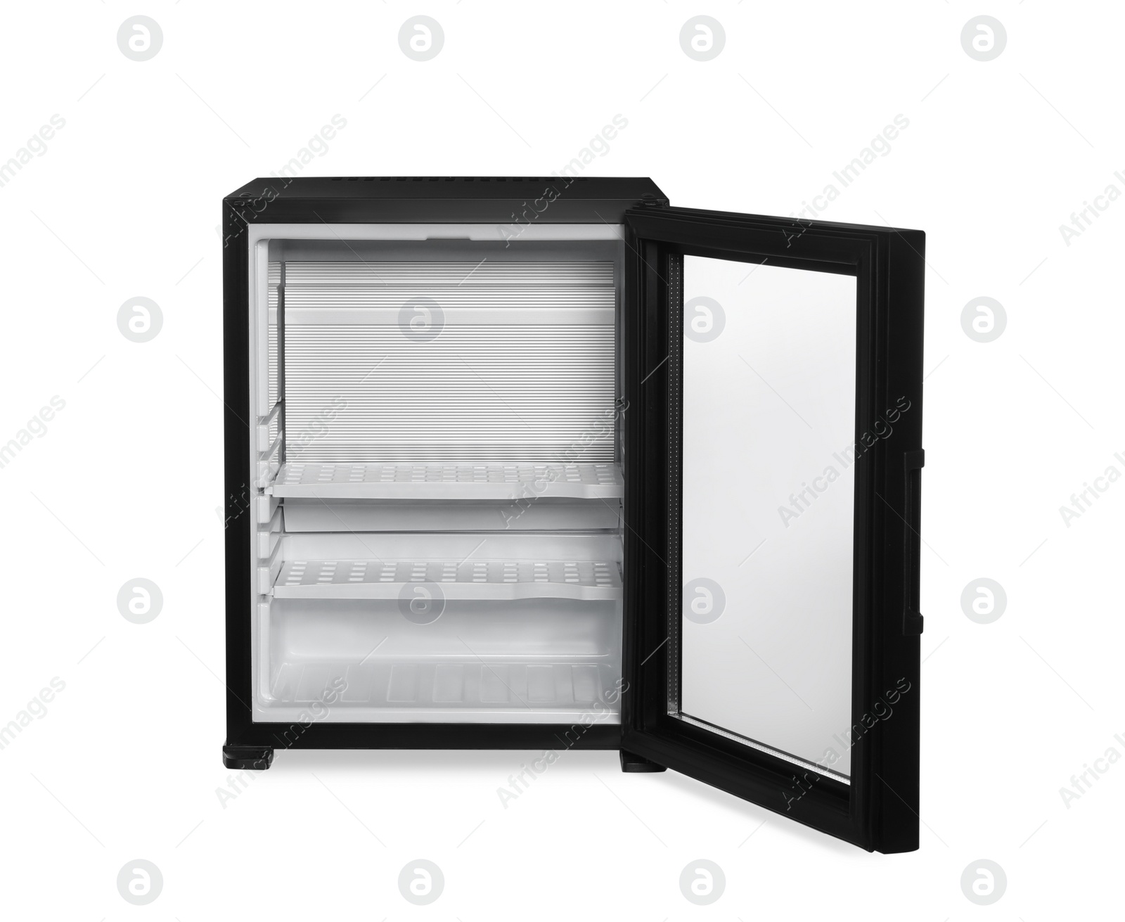 Photo of Empty mini bar with open glass door isolated on white