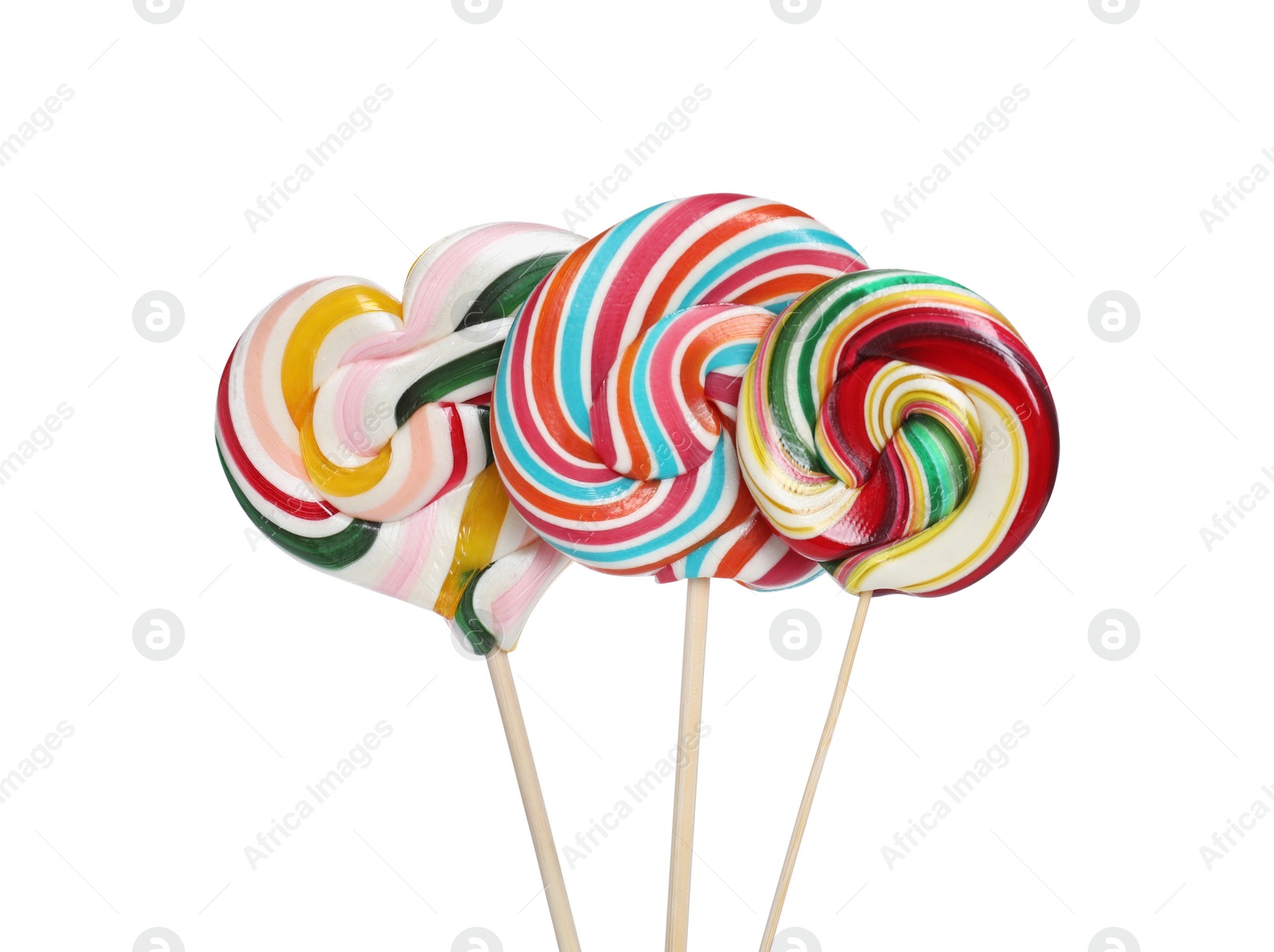 Photo of Sticks with different colorful lollipops isolated on white