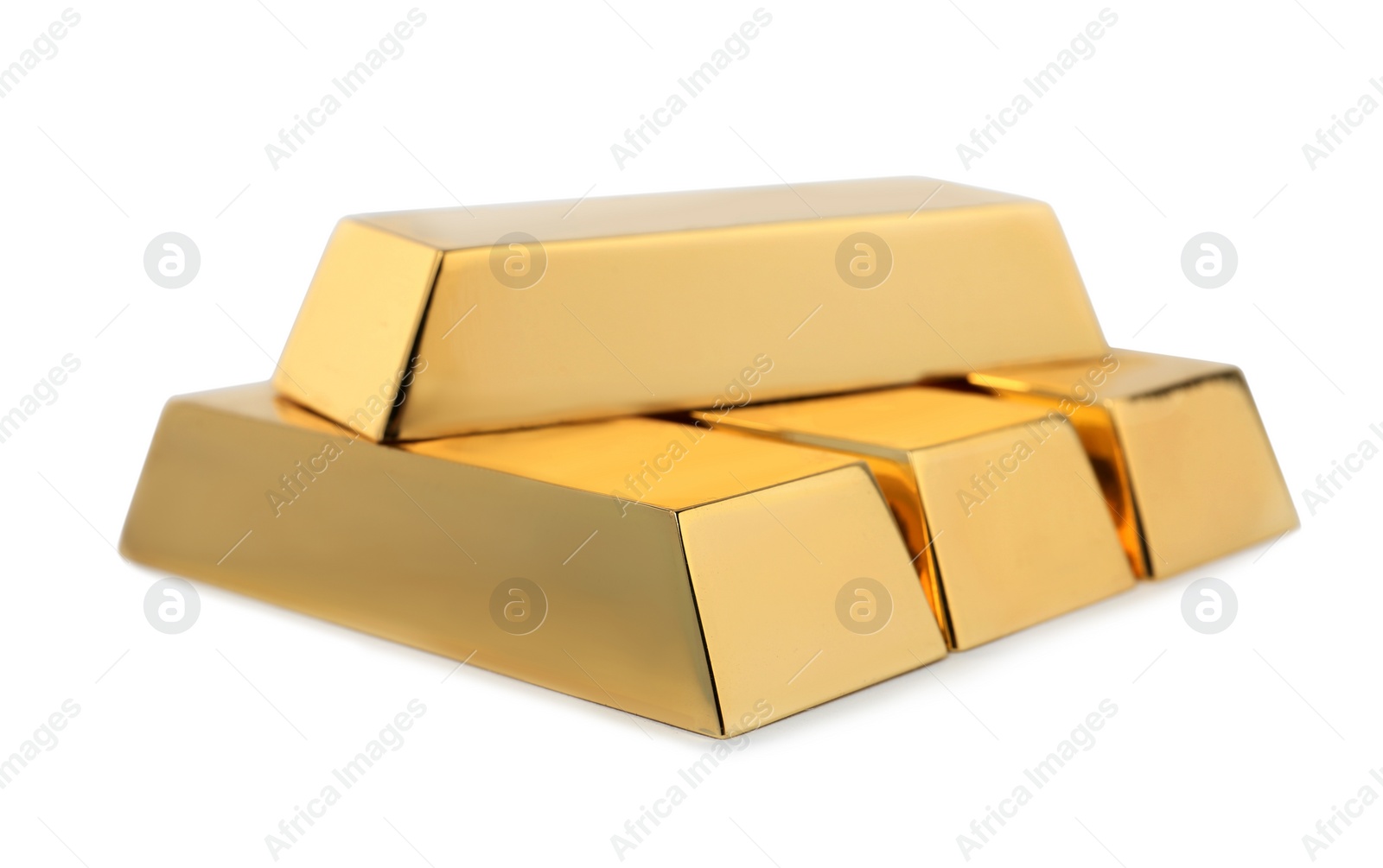 Photo of Precious shiny gold bars on white background