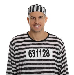 Photo of Prisoner in striped uniform smiling on white background