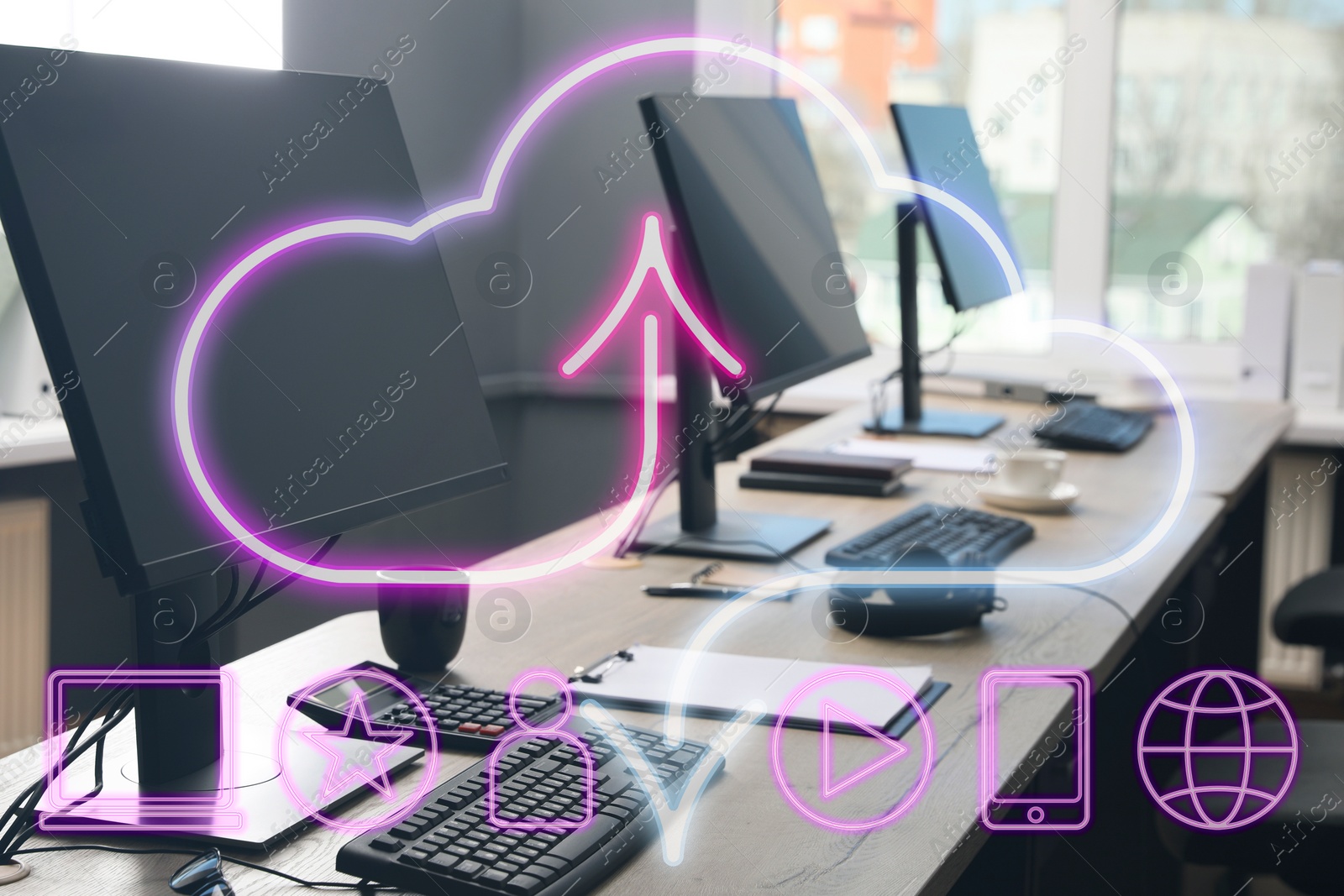 Image of Web hosting. Digital neon cloud with icons and office with computers on background