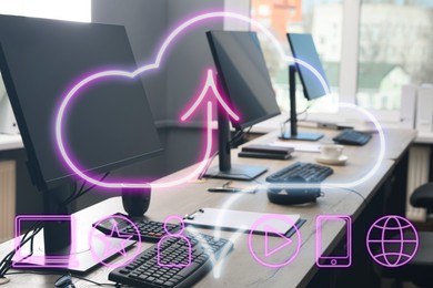 Image of Web hosting. Digital neon cloud with icons and office with computers on background
