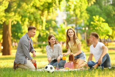 Young people enjoying picnic in park on summer day