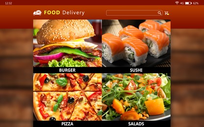 Image of Food delivery app. Display with appetizing menu