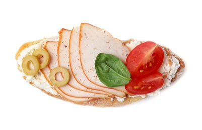 Photo of Delicious chicken bruschetta on white background, top view