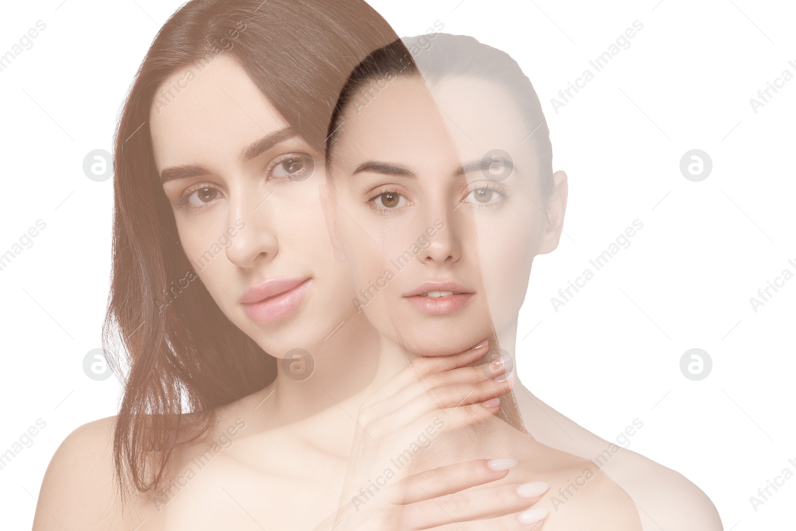 Image of Double exposure of beautiful women on white background