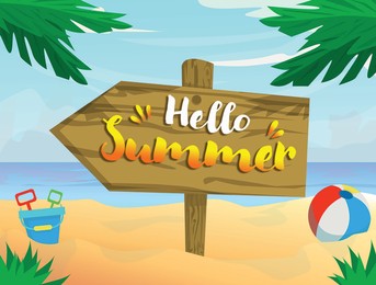 Hello summer. Illustration of tropical beach with wooden sign and toys near sea