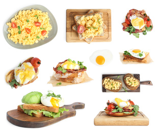 Image of Set of different egg dishes on white background