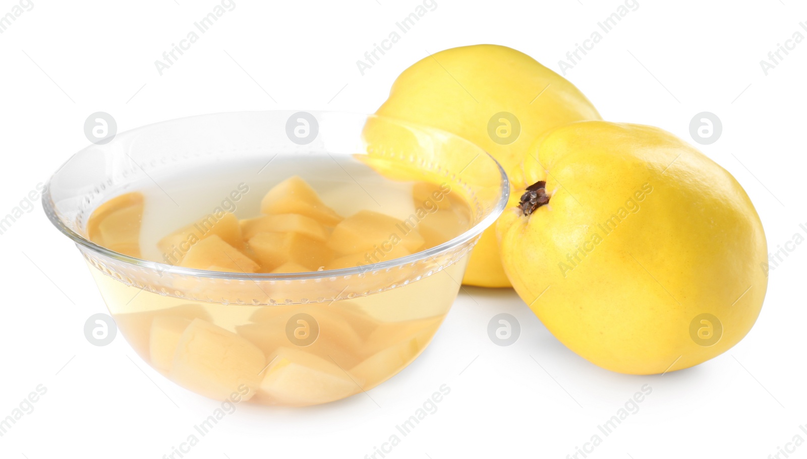 Photo of Delicious quince drink in glass bowl and fresh fruits isolated on white