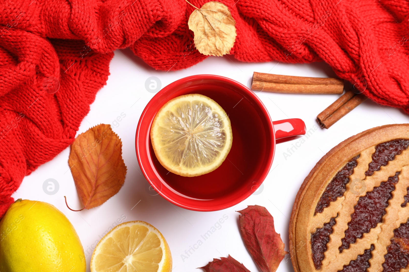 Photo of Composition with cup of hot drink on white background, top view. Cozy autumn atmosphere