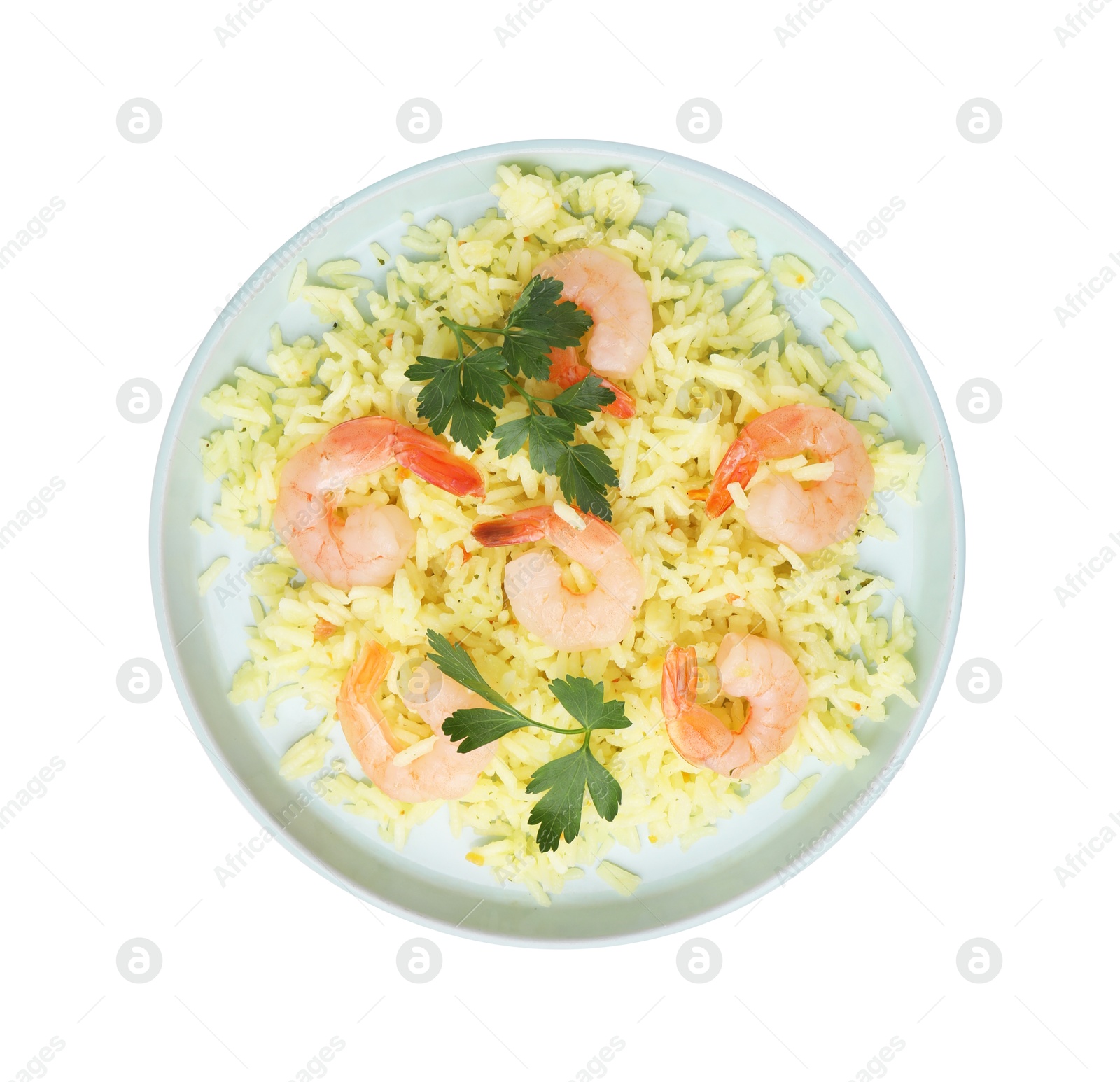 Photo of Delicious risotto with shrimps, parsley and lime isolated on white, top view