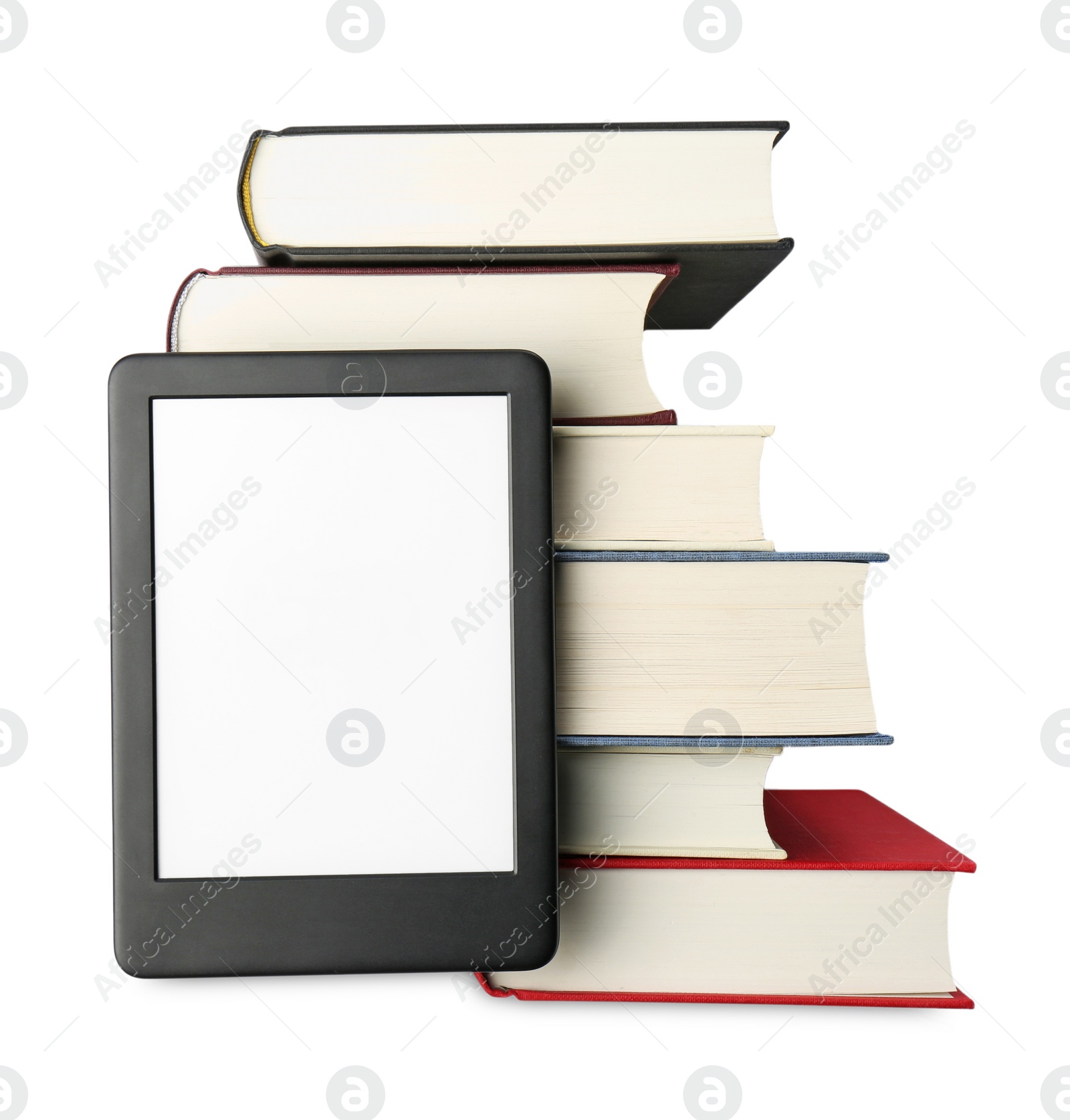Photo of Hardcover books and modern e-book isolated on white, top view
