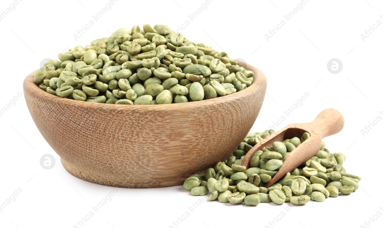 Photo of Wooden bowl and scoop with green coffee beans on white background