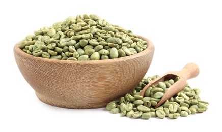 Wooden bowl and scoop with green coffee beans on white background