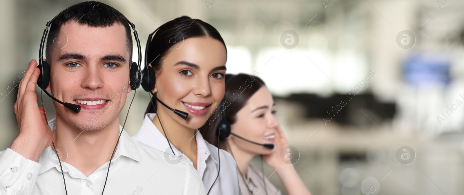 Image of Hotline operators with headsets in office, space for text. Banner design