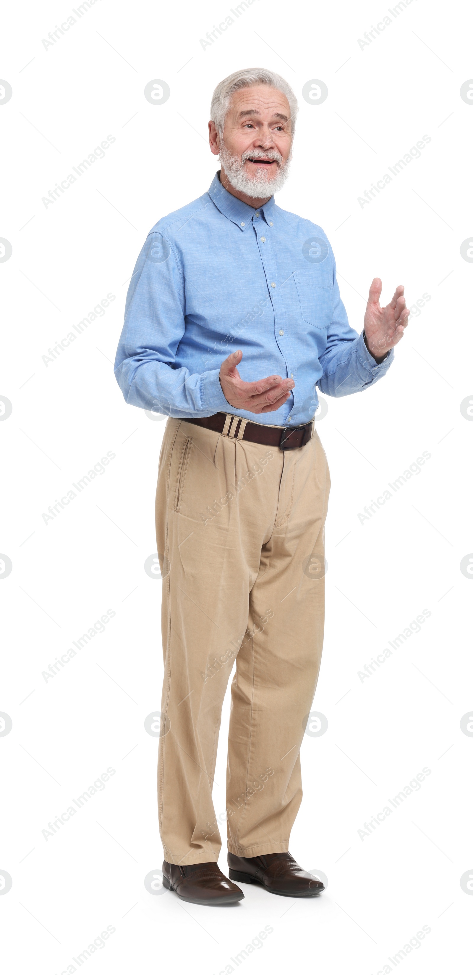 Photo of Senior man greeting someone on white background