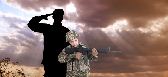 Image of Soldiers in uniforms outdoors, banner design. Military service