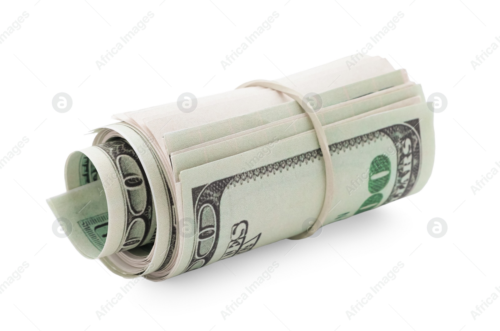 Photo of Rolled dollar banknotes isolated on white. American national currency