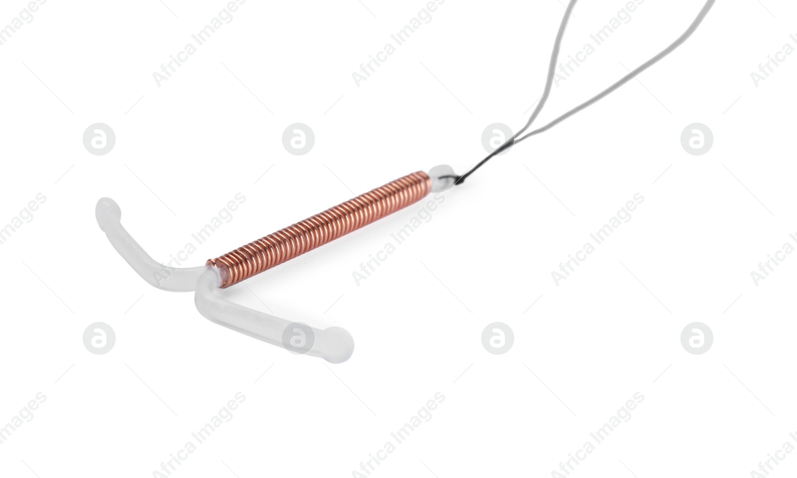 Photo of T-shaped intrauterine birth control device on white background