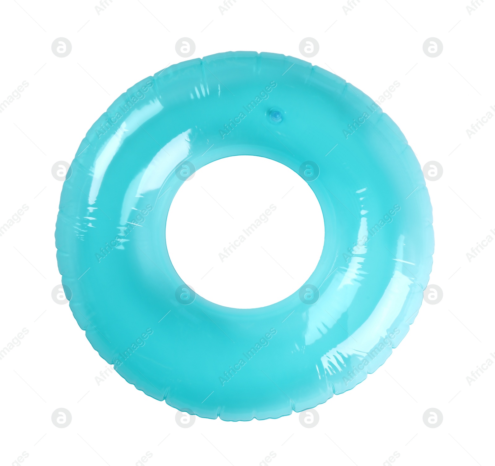 Photo of Blue inflatable ring isolated on white, top view. Beach accessory