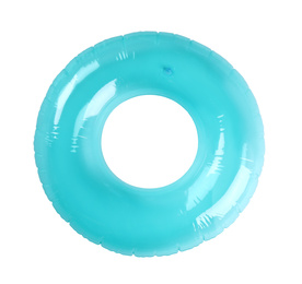 Photo of Blue inflatable ring isolated on white, top view. Beach accessory