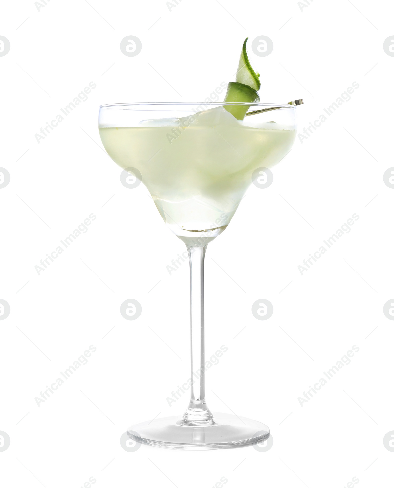 Photo of Glass of tasty martini with cucumber on white background