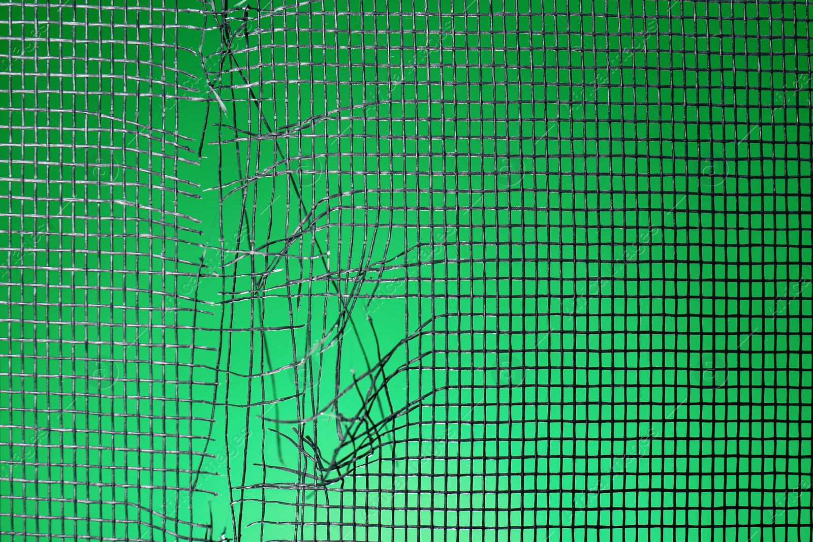 Photo of Torn window screen against green background, closeup