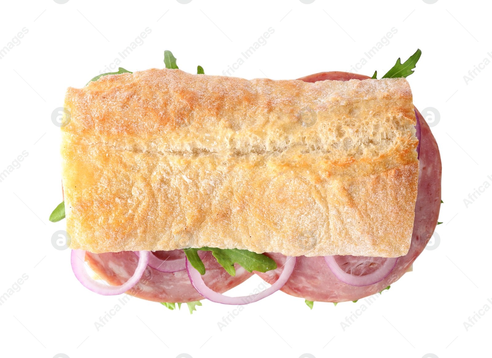 Photo of Tasty sandwich with ham isolated on white, top view