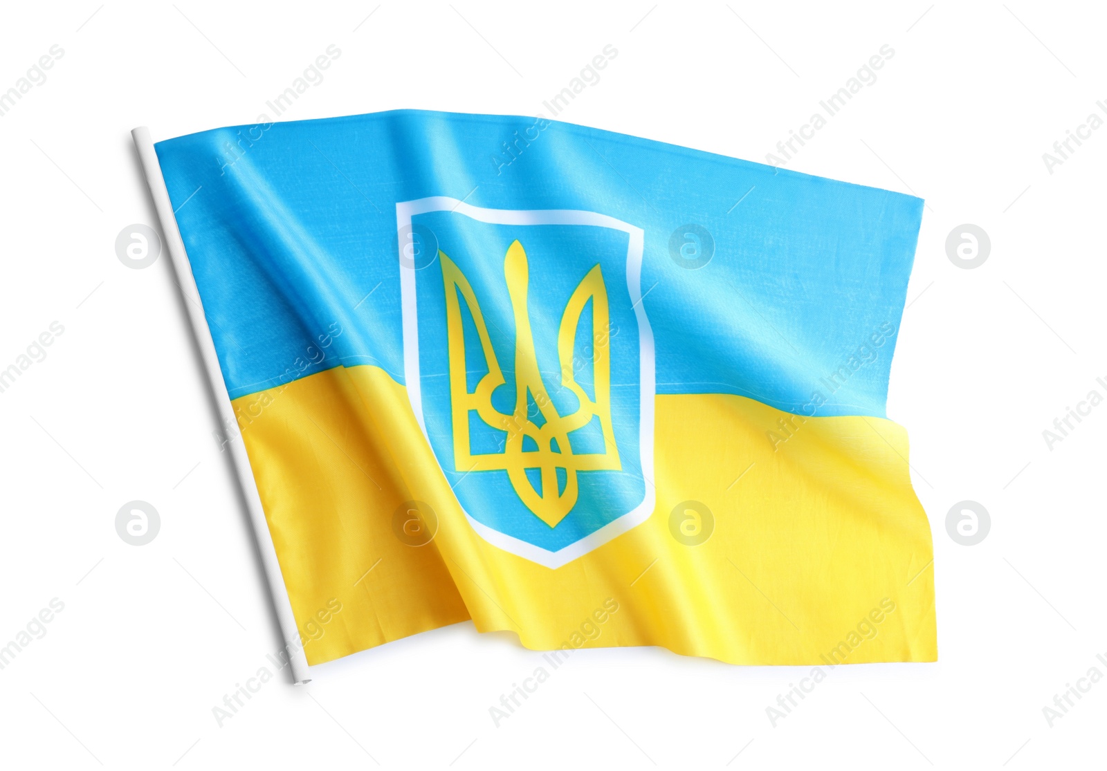 Photo of National flag of Ukraine isolated on white, top view