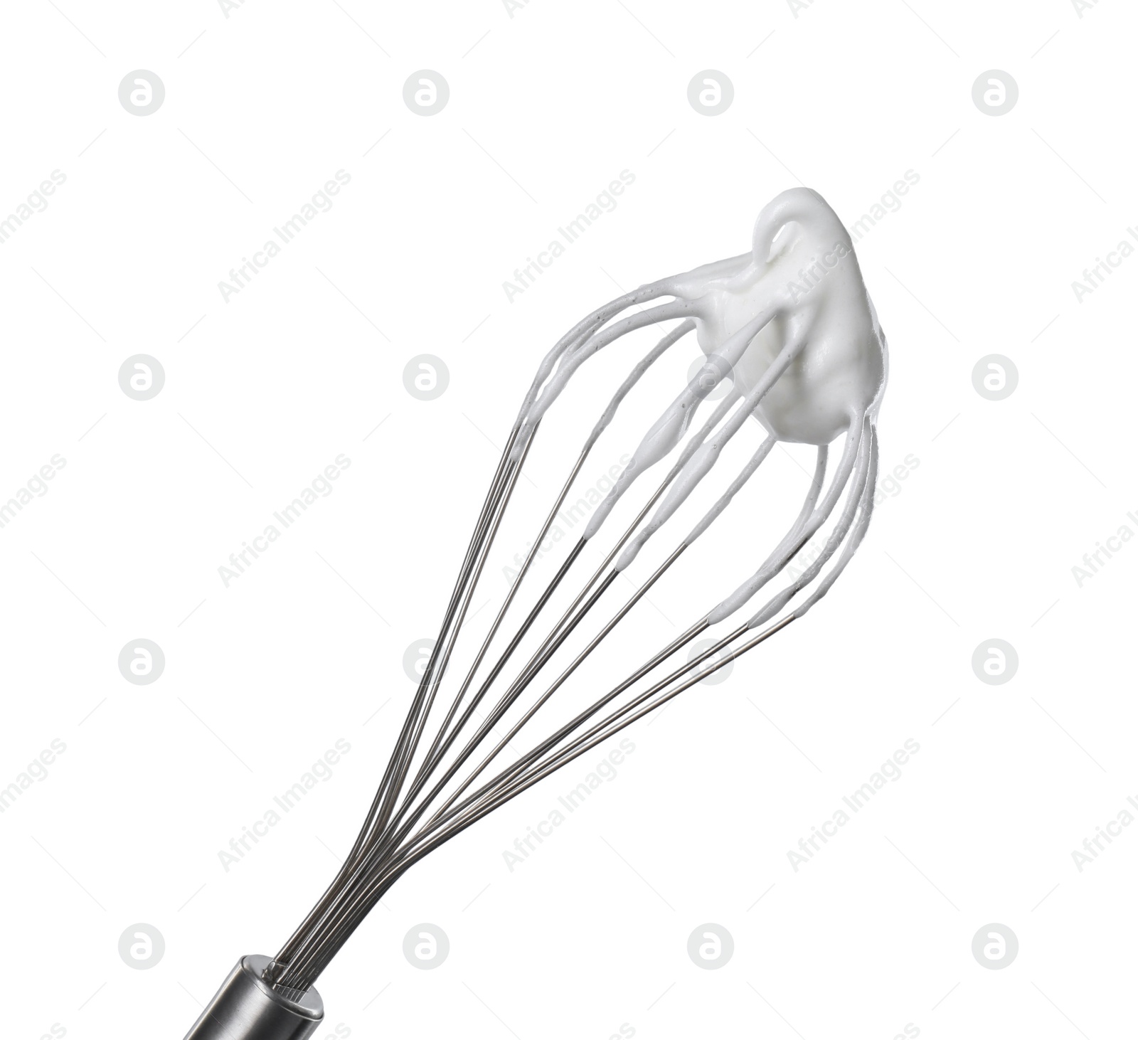 Photo of Whisk with whipped egg whites isolated on white