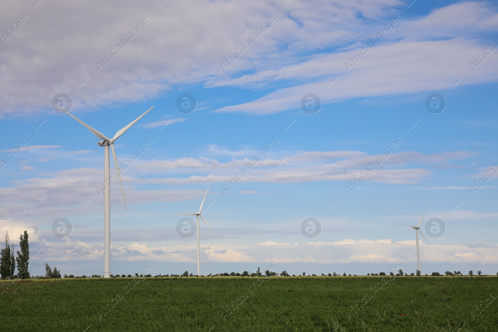 Photo of Beautiful view of field with wind turbines. Alternative energy source