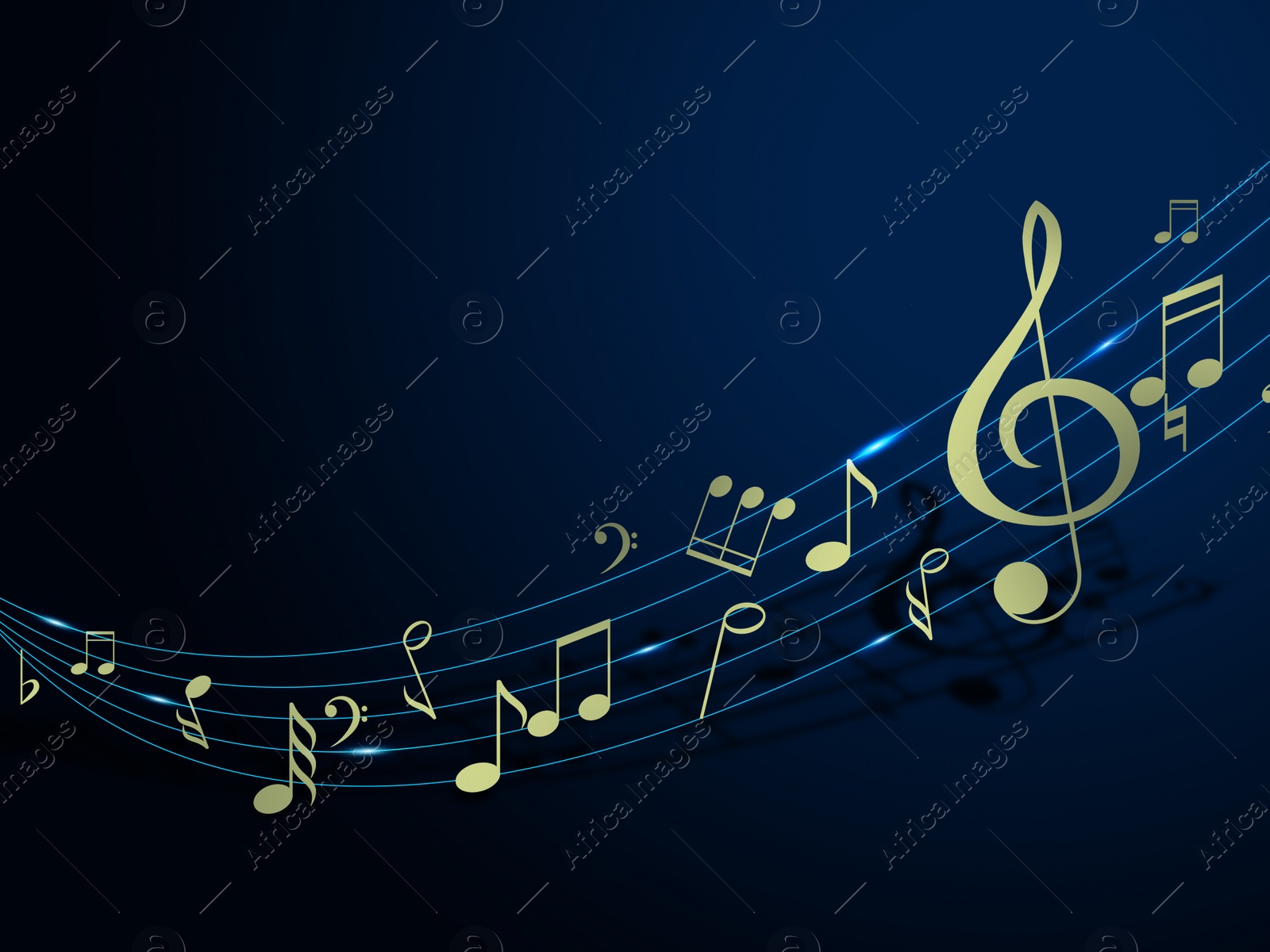 Illustration of Staff with music notes and other musical symbols on dark blue background