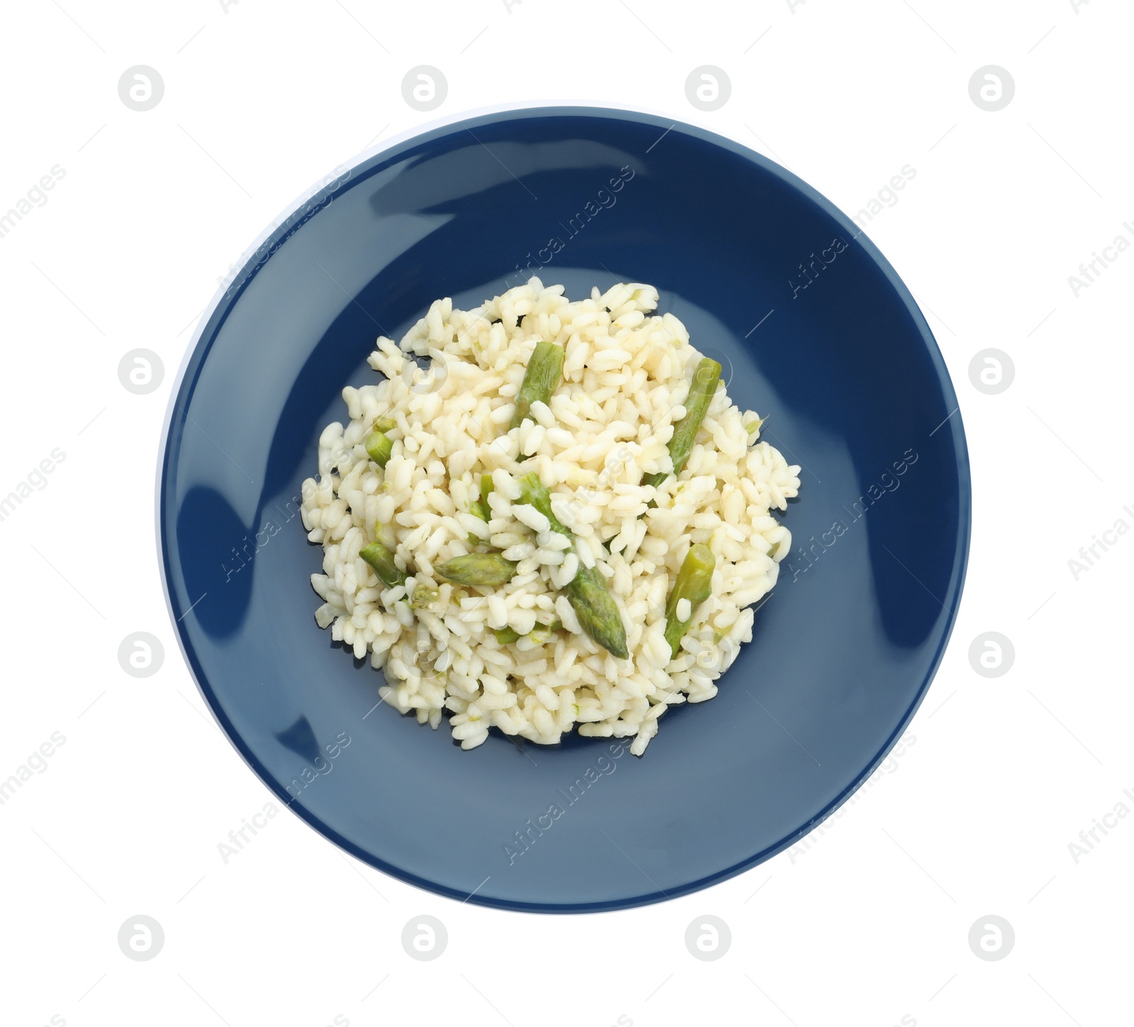 Photo of Delicious risotto with asparagus isolated on white, top view