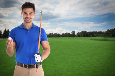 Young man with golf club and ball on green course. Space for design