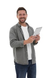 Photo of Happy man with tablet on white background