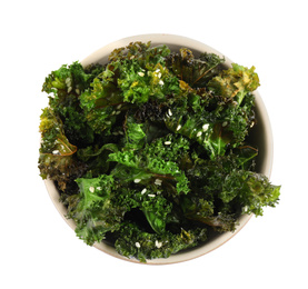 Tasty baked kale chips isolated on white, top view