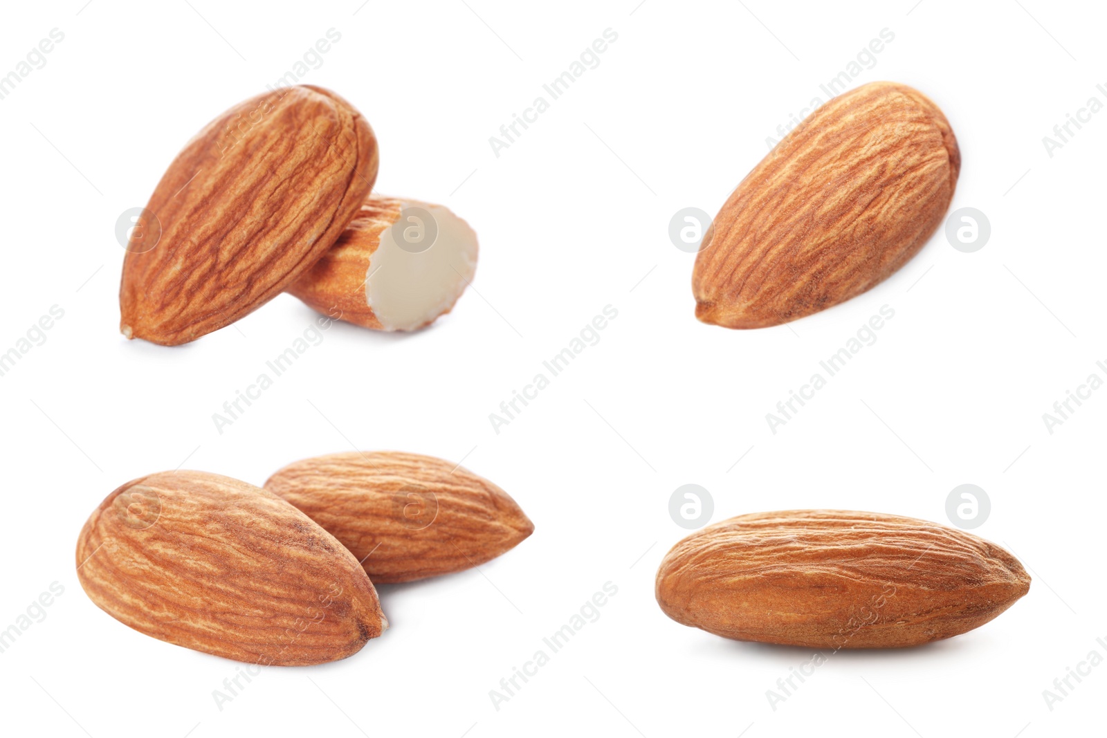 Image of Set with tasty almonds on white background 