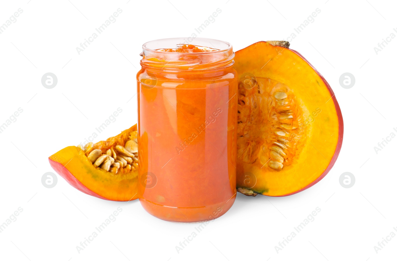 Photo of Jar of pumpkin jam and fresh pumpkin on white background