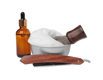 Set of men's shaving accessories on white background