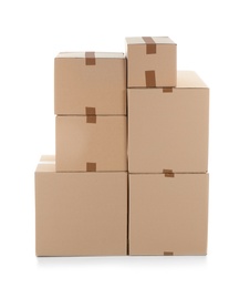 Photo of Cardboard boxes on white background. Moving day