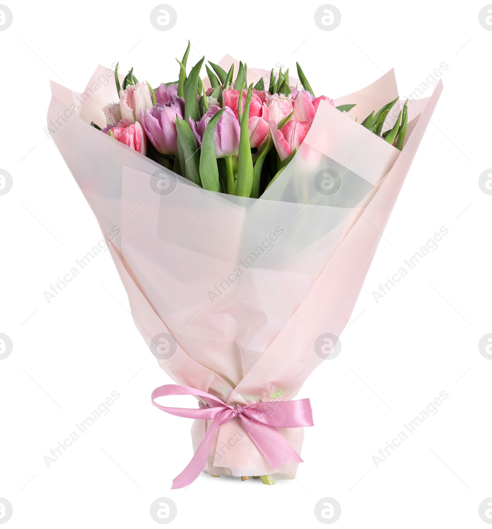 Photo of Beautiful bouquet of tulips isolated on white