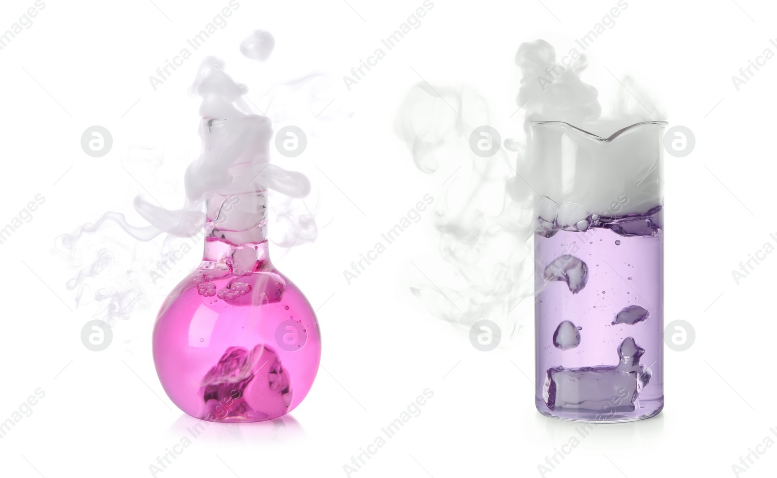 Image of Laboratory flask and beaker with colorful liquids on white background. Chemical reaction