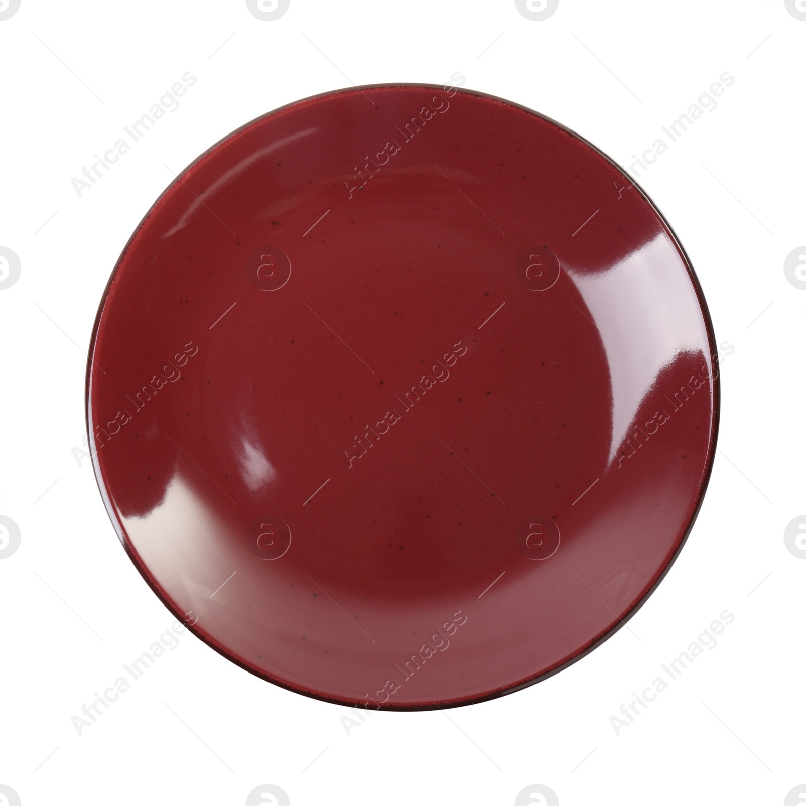 Photo of One burgundy ceramic plate isolated on white, top view