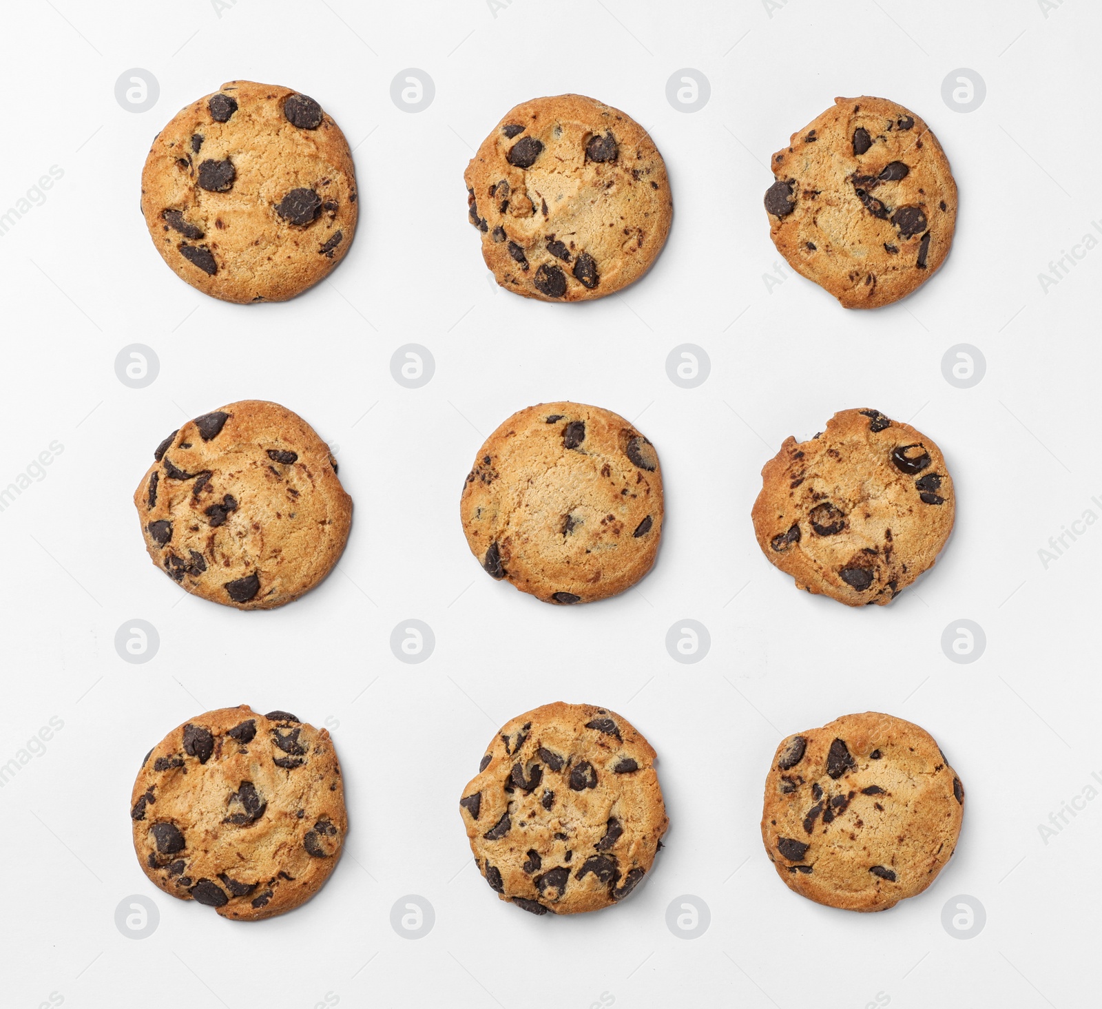 Photo of Flat lay composition with chocolate cookies on white background